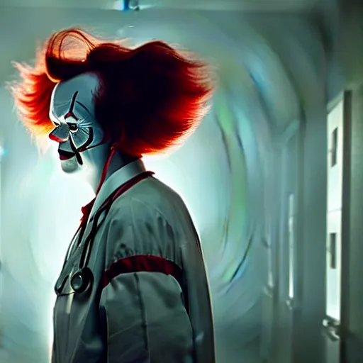 Image similar to a photograph of pennywise dressed as a doctor in a hospital, hyperdetailed, intricate, dramatic, horror movie, movie still, 4 k realistic, volumetric lighting, sharp focus