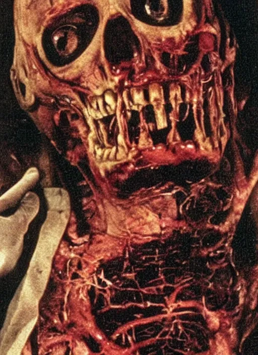 Image similar to horror practical fx of an a dismembered corpse with crooked teeth staring at the camera by dario argento and david cronenberg 1 9 7 0 vhs looking