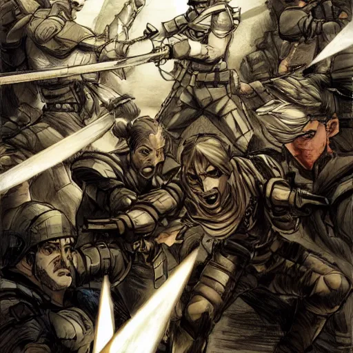 Prompt: one hero with sword vs army of swordsmen in the background, in the middle of an arena, crowd of people, pencil art, straight, clear, added detail, high definiton, colored, backfacing, by yoji shinkawa