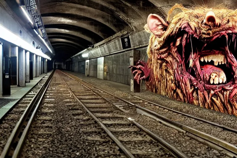 Image similar to very large giant mutant zombie irradiated ( angry rat ) staying on railways in tonnel of moscow subway. tonnel, railways, giant angry rat, furr, fangs, claws, very realistic. extreme long shot, 1 6 mm, rusty colors, anish kapoor, ( herman nitsch, giger ).