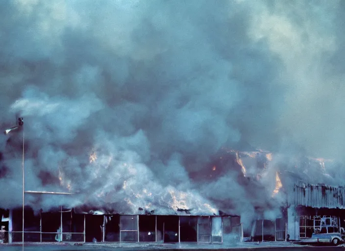 Image similar to an overexposed kodak 500 photograph of a bingo hall on fire, muted greenish blue colors