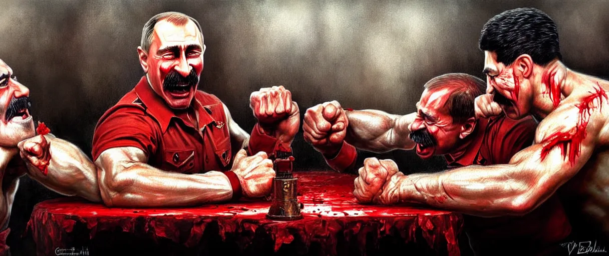 Image similar to arm wrestling ( ( vladimir putin ) ) vs ( ( iosif stalin ) ), hyperrealistic, digital concept art, caricature illustration, bloody, violent. horror. art by gaston bussiere