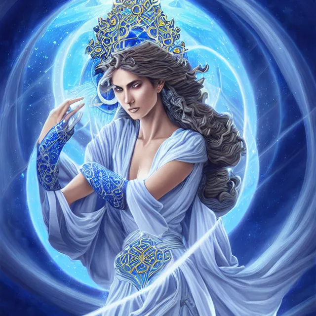 Prompt: beautiful!! elemental sky witch with intricate ornate blue and white robes and sky powers artgerm anne stokes highly detailed 8 k hdr smooth sharp focus high resolution award - winning photo photorealistic