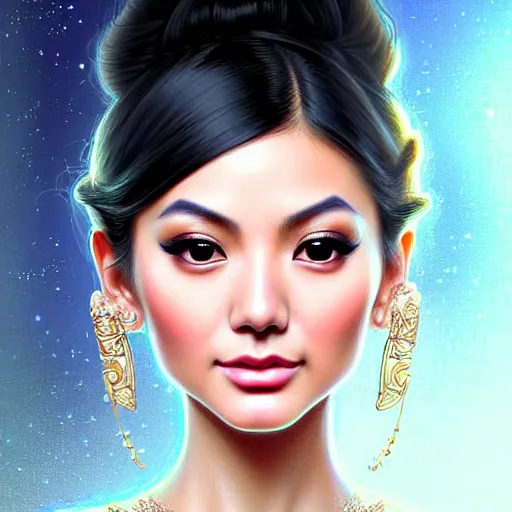 Prompt: digital painting of a close up face portrait of an elegant, beautiful, sophisticated, fashionable, pretty young burmese - japanese victoria justice, the rings of saturn. intricate ornate detail, eye focus, by artgerm, range murata, jeremy lipking, trending on pinterest, artstation hq, vivid 8 k, film still.