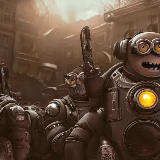 Image similar to Minions from Despicable Me in 'Gears of War', splash art, movie still, cinematic lighting, detailed face, dramatic, octane render, long lens, shallow depth of field, bokeh, anamorphic lens flare, 8k, hyper detailed, 35mm film grain