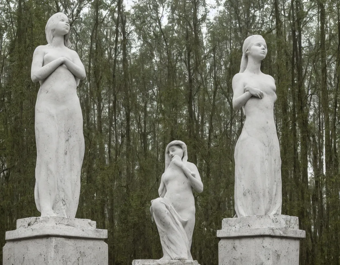 Prompt: abandoned marble sculpture of anya taylor joy in a foggy forest at dawn, gloomy, photography