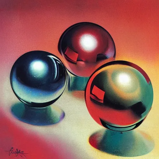 Prompt: chrome spheres on a red cube by rolf armstrong