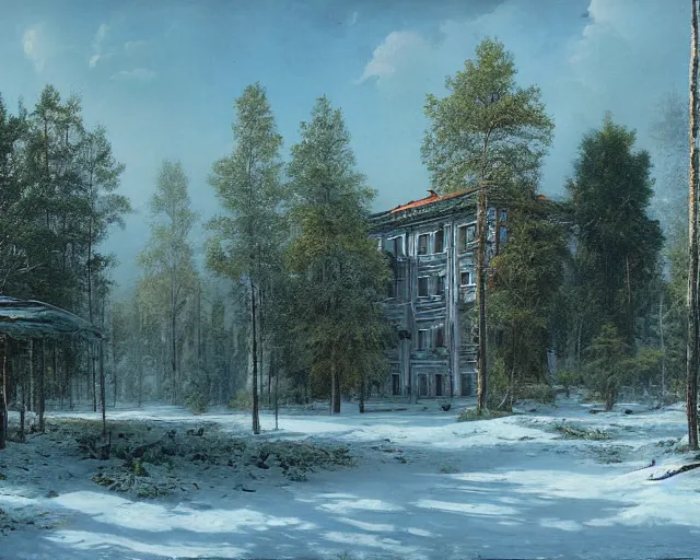 Image similar to beautiful matte painting of cute soviet block of flats hrushevka in end of forest by ivan shishkin