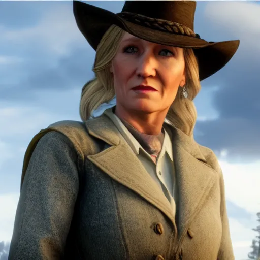 Prompt: Film still of J. K. Rowling, from Red Dead Redemption 2 (2018 video game)