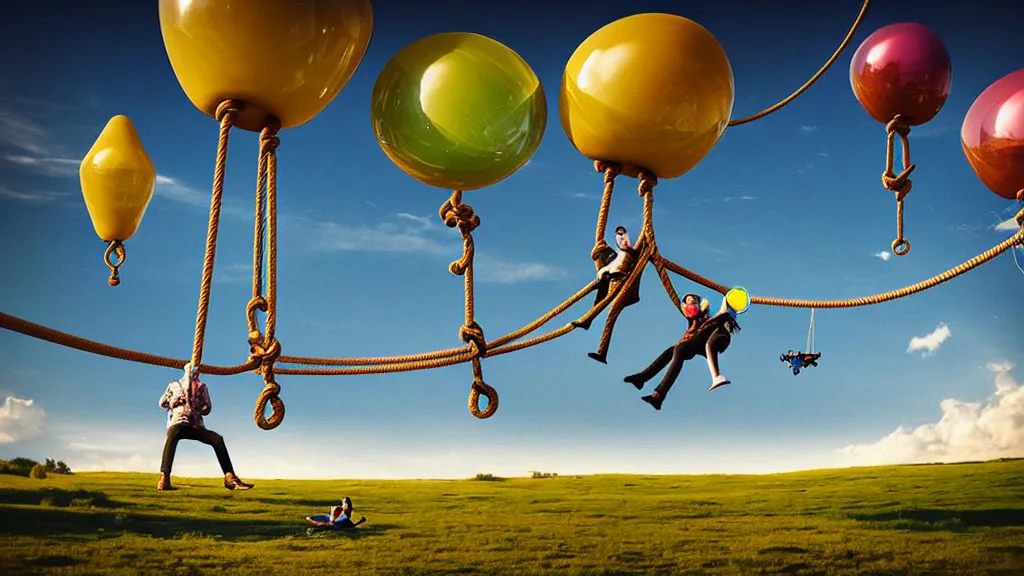 Image similar to large colorful futuristic space age steampunk balloons with people on rope swings underneath, flying high over the beautiful countryside landscape, professional photography, 8 0 mm telephoto lens, realistic, detailed, digital art, unreal engine