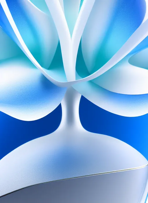 Prompt: blue perfume standing in white enchanted sprarse blue flowers, in an ivory room well contoured smooth fair walls, up close shot, sharp focus, zen, clean, modern minimalist, zaha hadid octane highly render, 4 k, ultra hd,