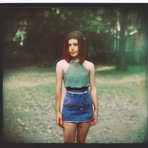 Prompt: a young woman is posing for a picture, a polaroid photo, petzval lens. featured on flickr, art photography, photo taken with provia, photo taken with ektachrome