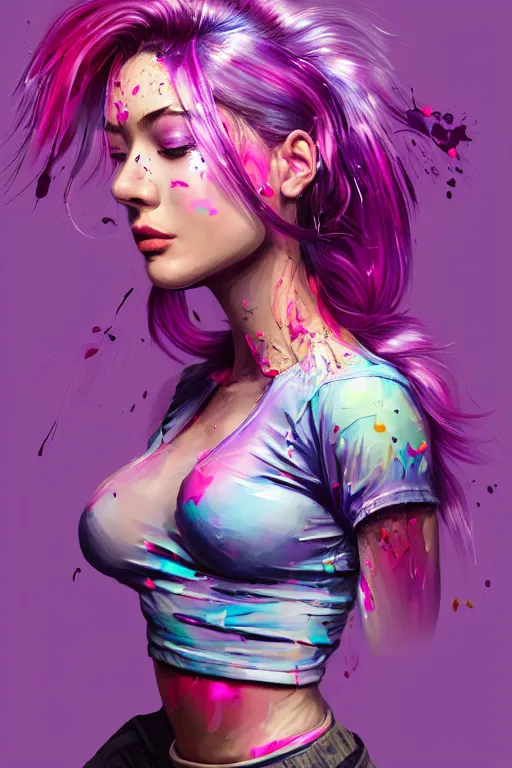 Image similar to a award winning half body portrait of a beautiful woman in a croptop and cargo pants with ombre purple pink teal hairstyle with head in motion and hair flying by artgerm, paint splashes, splatter, outrun, vaporware, shaded flat illustration, digital art, trending on artstation, highly detailed, fine detail, intricate