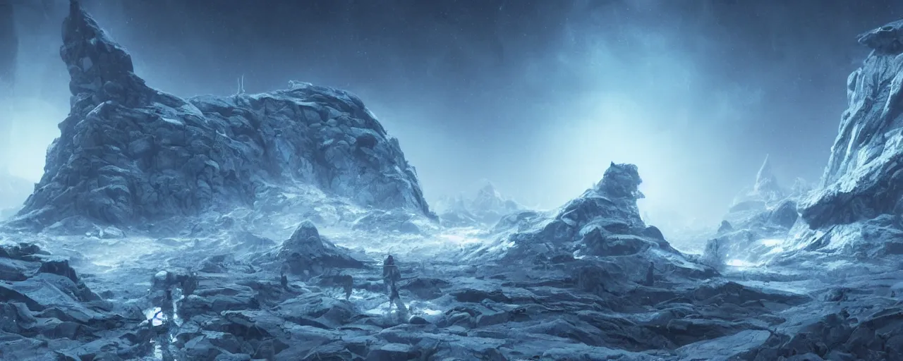 Prompt: ” glacier alien landscape, [ cold, cinematic, detailed, epic, widescreen, opening, establishing, mattepainting, photorealistic, realistic textures, octane render, art by slop and paul lehr ] ”