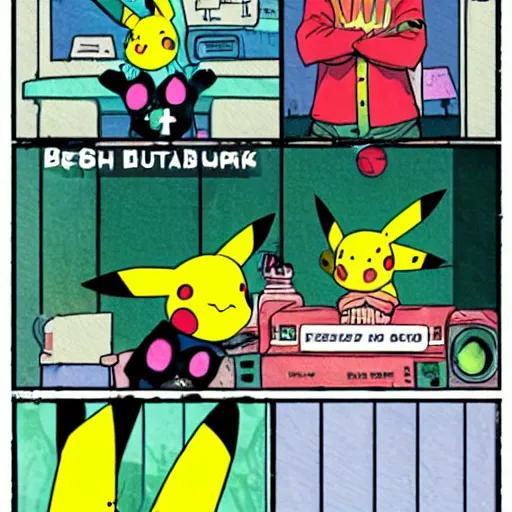 Prompt: pikachu and bulbasaur performing in a kurt Cobain grunge band, manga style, record label