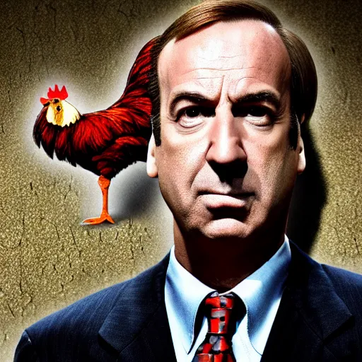 Image similar to saul goodman and a rooster in a saw movie torture chamber, saw movie jigsaw background, saul goodman, rooster, photo