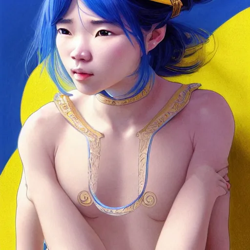 Prompt: filipino girl blue - yellow hair, metal plate, nasal strip, nose cast, intricate, elegant, highly detailed, my rendition, digital painting, artstation, concept art, smooth, sharp focus, illustration, art by artgerm and greg rutkowski and alphonse mucha and uang guangjian and gil elvgren and sachin teng, symmetry!!