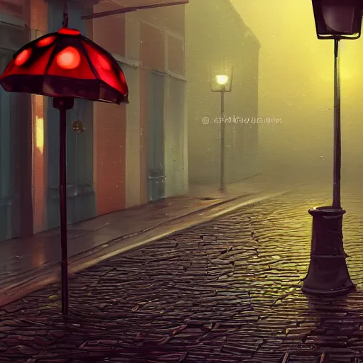 Image similar to a ladybug with six legs and a black head crawling on a sidewalk, it is night and raining, bushes in the background, street lamps are illuminating the street, moody lighting, peaceful atmosphere, digital art, highly detailed, high contrast, beautiful lighting, award winning, trending on art station, 8 k,