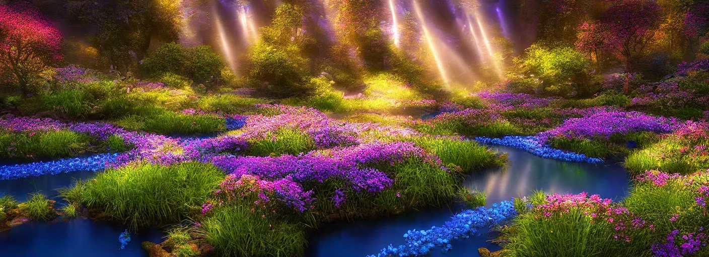 Prompt: photograph of enchanted garden, blue pond in the middle, with rays of light, flowers with intricate detail, by marc adamus, highly detailed, intricate detail, cinematic lighting