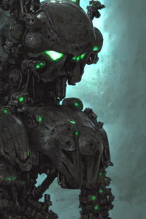 Prompt: Close up of a singular skeletal mechanical warrior, green glowing eyes reflecting on the mettalic armor. At night, underexposed, desolated wasteland, matte painting by Craig mullins and Emmanuel_Shiu, cinematic, dark sci-fi, concept art trending on artstation, 4k, insane details, ultra realistic