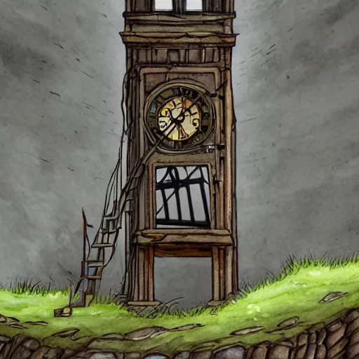 Image similar to an abandoned old rusty clocktower in a dark enormous cave, Low level, digital artdynamic lighting, cinematic, establishing shot, extremely high detail, photo realistic, cinematic lighting, watercolor, intricate line drawings, 8k resolution,