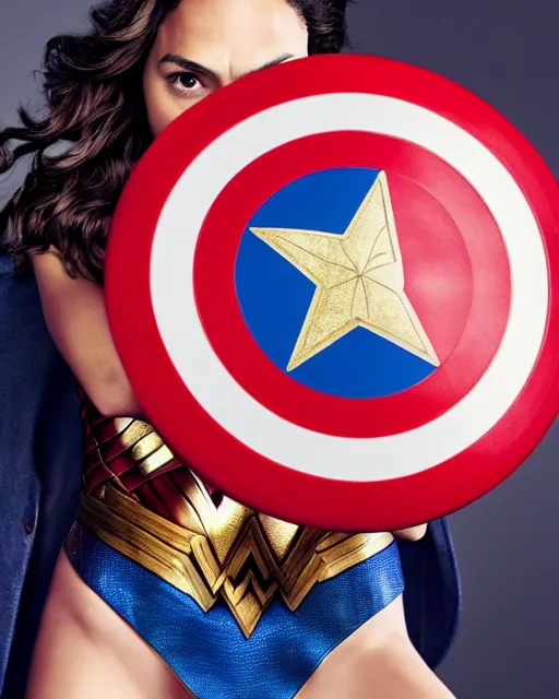 Prompt: A studio photo of Gal Gadot as Wonder Woman holding Captain America’s Shield, bokeh, 90mm, f/1.4 Shot in the Style of Mario Testino