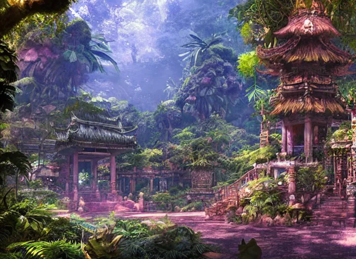 Prompt: Fantasy tropical forest temple. hidari, color page, tankoban, 4K, tone mapping, Akihiko Yoshida.