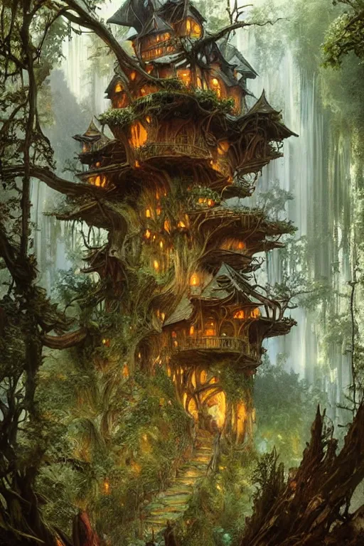 Prompt: a beautiful digital painting of an enormous fairy treehouse, crystal waterfall by greg rutkowski, gerald brom, marc simonetti, jean - baptiste monge, and alphonse mucha, symmetry, complementary colors, ink illustration, trending on artstation