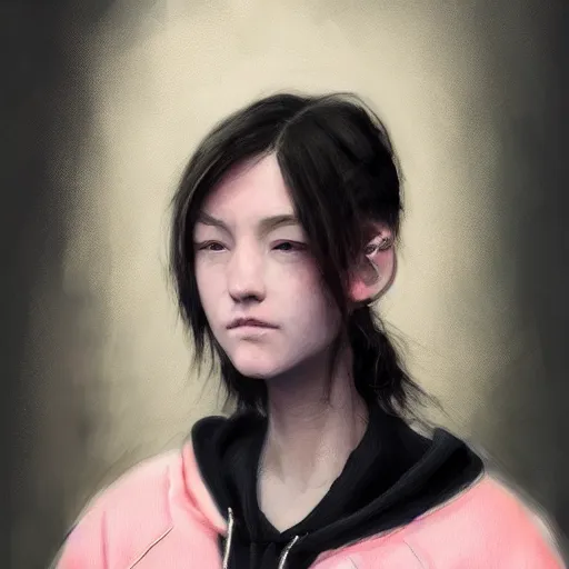 Image similar to Portrait of a woman by Greg Rutkowski, she is about 18 years old, mixture between japanese and british, messy bob black hair, young, pale, tired but friendly look, she's wearing a a pink oversized hoodie and a black adidas tracksuit, highly detailed portrait, scifi, digital painting, artstation, concept art, smooth, sharp foccus ilustration, Artstation HQ