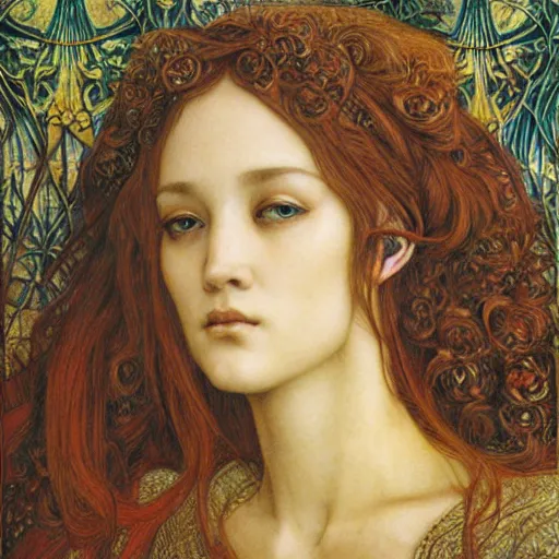 Image similar to detailed realistic beautiful young medieval queen face portrait by jean delville, michael kaluta and marco mazzoni, art nouveau, symbolist, visionary, gothic, pre - raphaelite