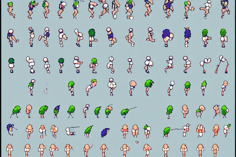 Image similar to a sprite sheet containing of a hero running by studio ghibli, side view, proportions, sprite sheet, running cycle, ready to model,