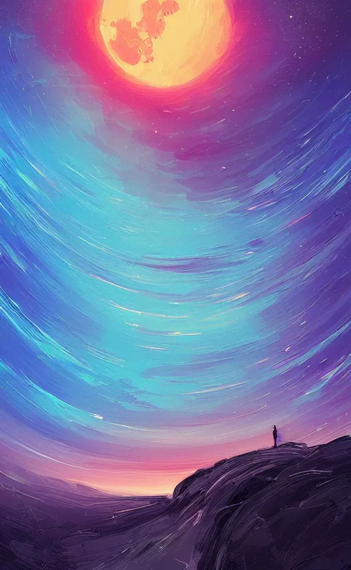 Image similar to a beautiful illustration of mars at night, art of alena aenami, featured on artstation, vertical orientation, paint brush strokes, expressionism, brushstroke - laden, breathtaking clouds, birds, ocean, beautiful stars, long exposure, big moon radius, airy midnight theme, blue purple gradient, lens flare