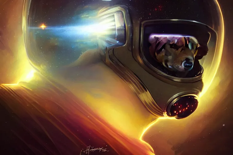 Image similar to portrait of a futuristic bulldog astronaut reflective visor mirror spacesuit reflecting a nebula supernova in space, portrait, intricate, digital painting, artstation, concept art, smooth, sharp focus, illustration, cinematic lighting, art by artgerm and greg rutkowski and alphonse mucha