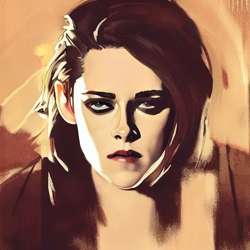 Image similar to kristen stewart as the winter soldier, intricate, elegant, highly detailed, greg manchess, mucha, liepke, ruan jia, jeffrey catherine jones, ridley scott