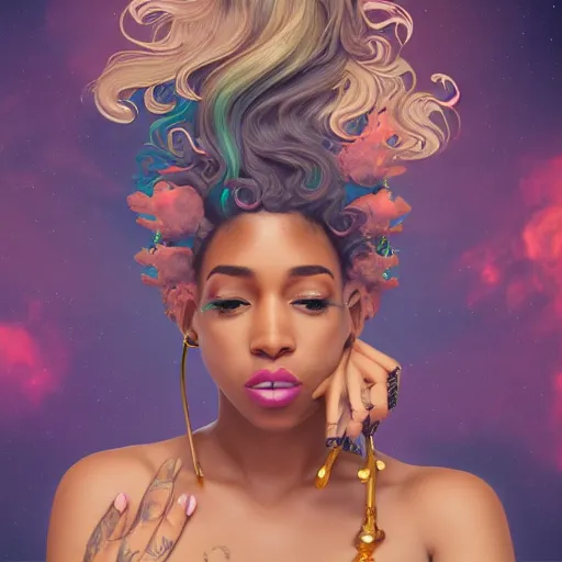 Prompt: black woman with gorgeous pastel balayage hairstyle face tattoos and gold teeth, as seen on artgerm, octane render, exploding nebulae in the style of alphonse mucha, ultra realistic, highly detailed, 8 k,