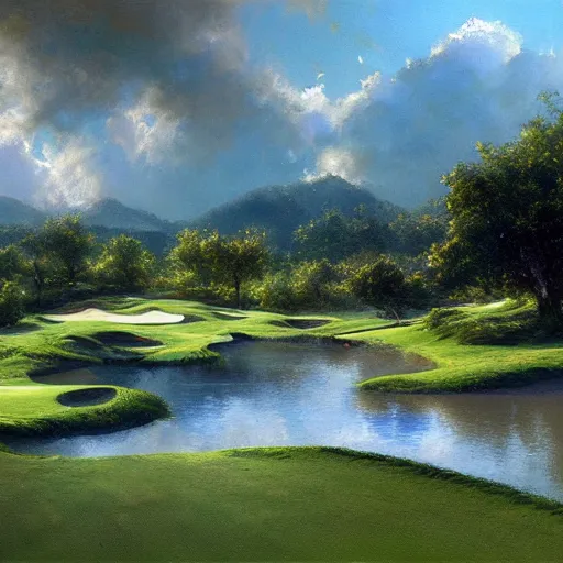 Prompt: beautiful lush golf course, big fluffy clouds, landscape, nature, craig mullins