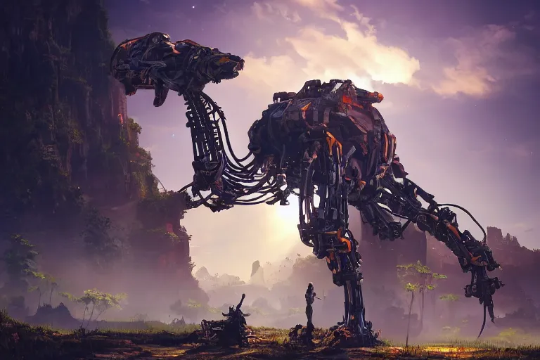 Image similar to tallneck machine mecanical creature robot of horizon forbidden west horizon zero dawn radiating a glowing aura global illumination ray tracing hdr fanart arstation by ian pesty and alena aenami artworks in 4 k