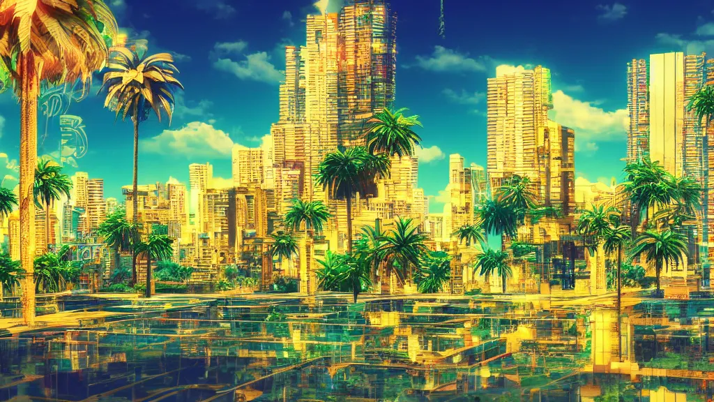 Image similar to golden city in a vaporwave jungle, 4k, ultra realistic, award winning photograph