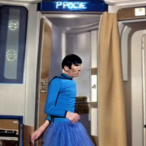 Image similar to color photo of spock in a tutu exiting the tardis