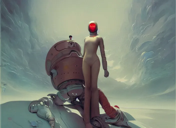 Prompt: sci - fi painting of a female wearing a futuristic space - suit, peter mohrbacher, greg rutkowski, zdzislaw beksinski