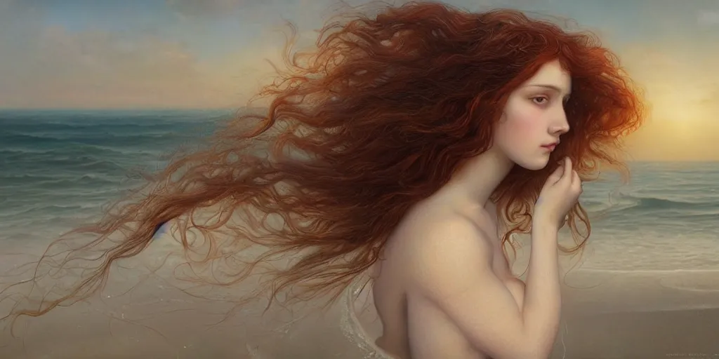 Prompt: An incredible detailed portrait of a young woman on the beach at sunset, in the style of pre-Raphaelite, by Tom Bagshaw, trending on Artstation, 8k, masterpiece, fine detail, full of color, intricate detail