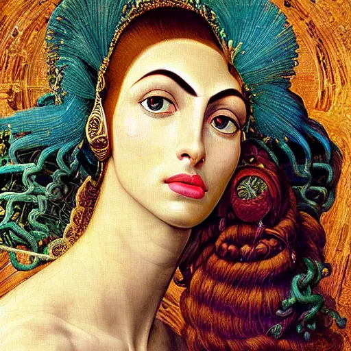 Prompt: intricate detail, hyper detail, nefertiti, african sybil, lady of elche techno mystic princess intergalactica, wearing labradorite body armor, hazel green eyes, teal eyebrows, with neon aqua rapunzel hair,, by sandro botticelli, gaston bussiere, h. r. giger, masterpiece, sharp focus,