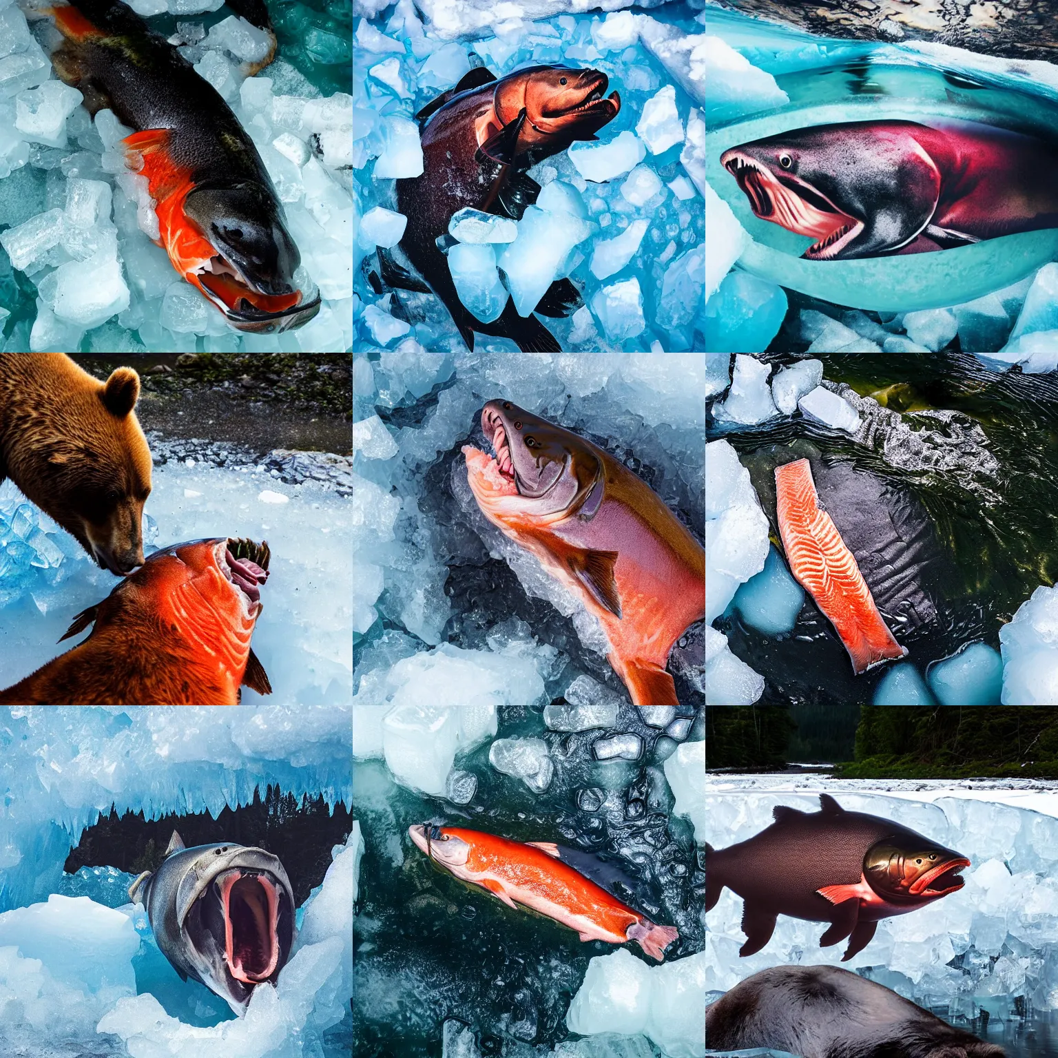 Prompt: a salmon inside a bears mouth over a flowing river of ice