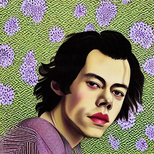 Prompt: “ harry styles portrait by ikenaga yasunari and ayana otake and ko rakusui, 6 0 s poster, drawing, realistic, sharp focus, japanese, dreamy, nostalgia, faded, golden hues, floral clothes ”