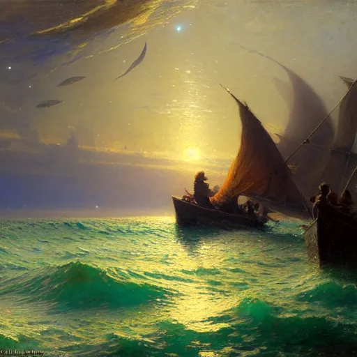 Image similar to point of view of botom of the ocean looking up, see fishes, the milk way, night time, midnight, no sunlight. highly detailed painting by gaston bussiere, greg rutkowski 8 k