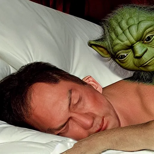 Image similar to putin sleeping in bed next to yoda