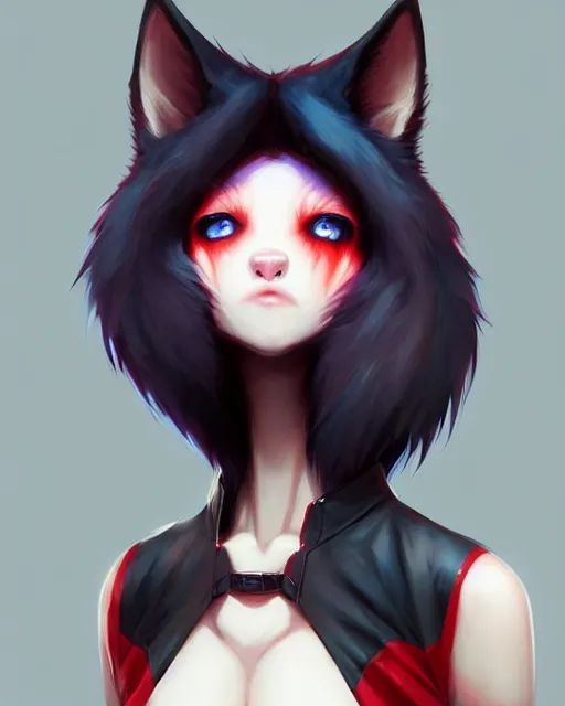 Image similar to character concept art of a black anthropomorphic furry wolf red hair blue eyes | | cute - fine - face, pretty face, key visual, realistic shaded perfect face, fine details by stanley artgerm lau, wlop, rossdraws, james jean, andrei riabovitchev, marc simonetti, and sakimichan, artstation