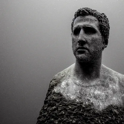 Image similar to Award-winning photograph by Mar Mann. The photo depicts a gray decaying roman bust of Nicolas Cage overgrown with moss at the bottom of the sea. Minimalism, high definition, perfect composition. Deep sea picture. Very dark. Volumetric Lighting. Fish. Darkness. Ruins