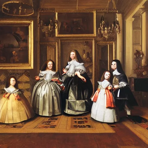 Image similar to oil canva family portrait in the main room of the castle painted in 1 6 5 6 inspired by las meninas, spaces between subjects and good detail and realistic faces by diego velasquez better quiality