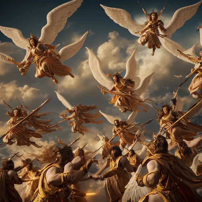 Image similar to photograph of a real-life beautiful angels with ornate robes flying into battle. Extremely detailed. 8k